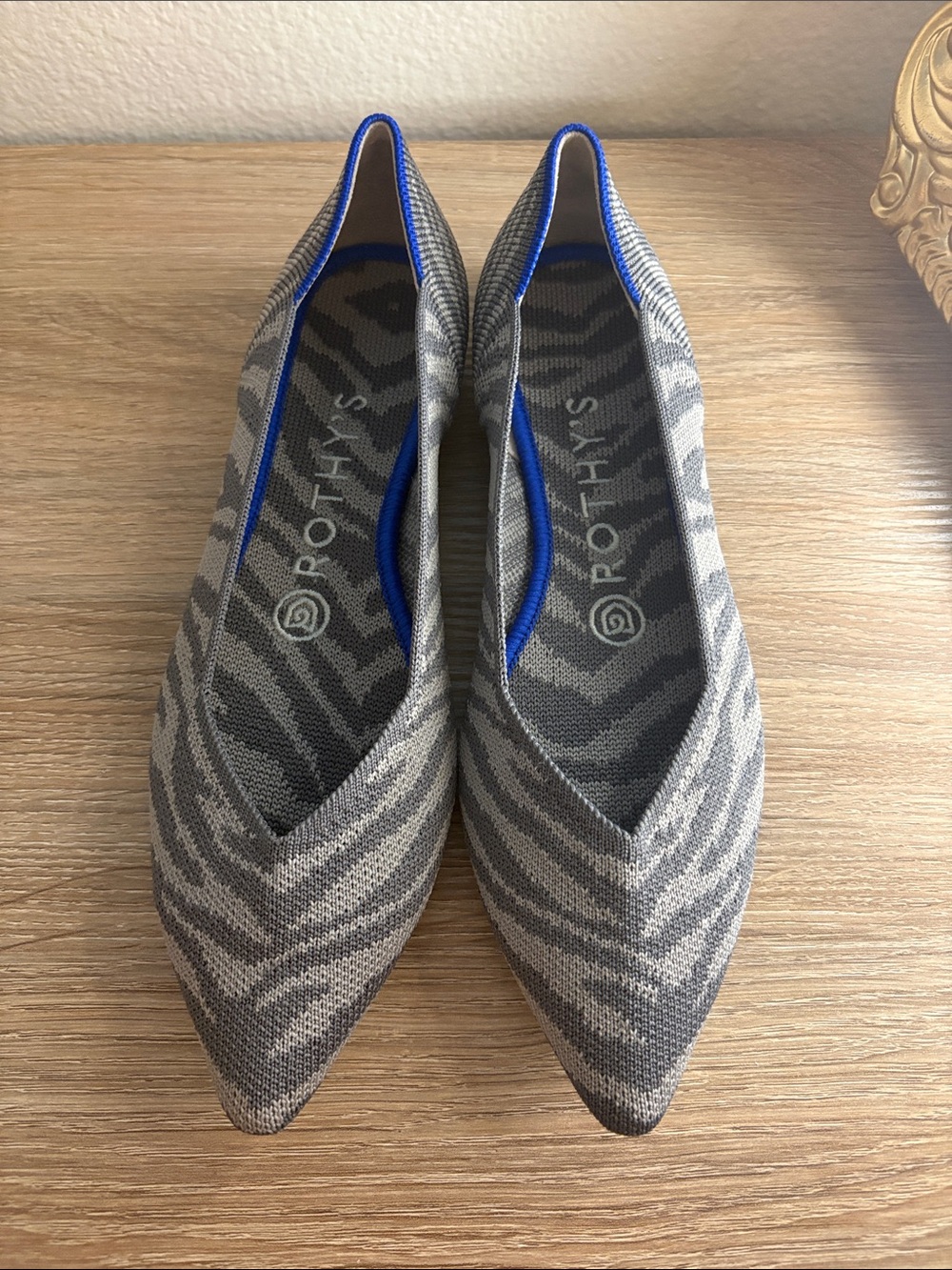 Rothy's Gray Pointed Knit Ballet Flats with Blue Trim - Picture 3 of 6